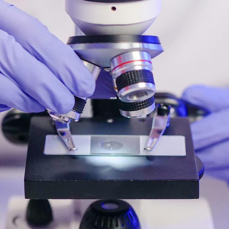 A scientist examining a sample through a microscope