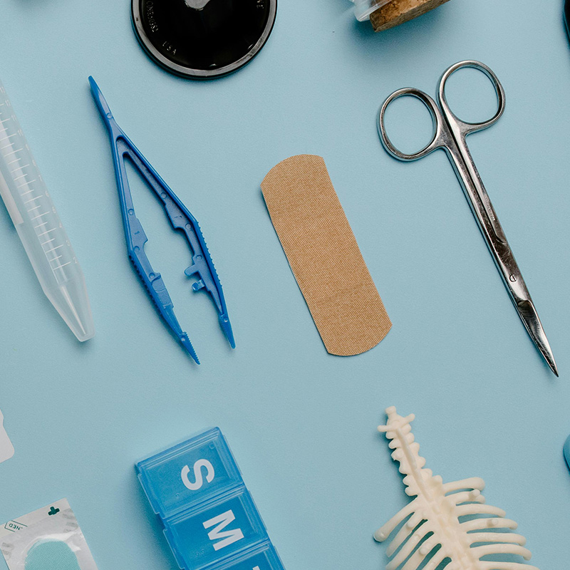 An array of medical instruments and tools